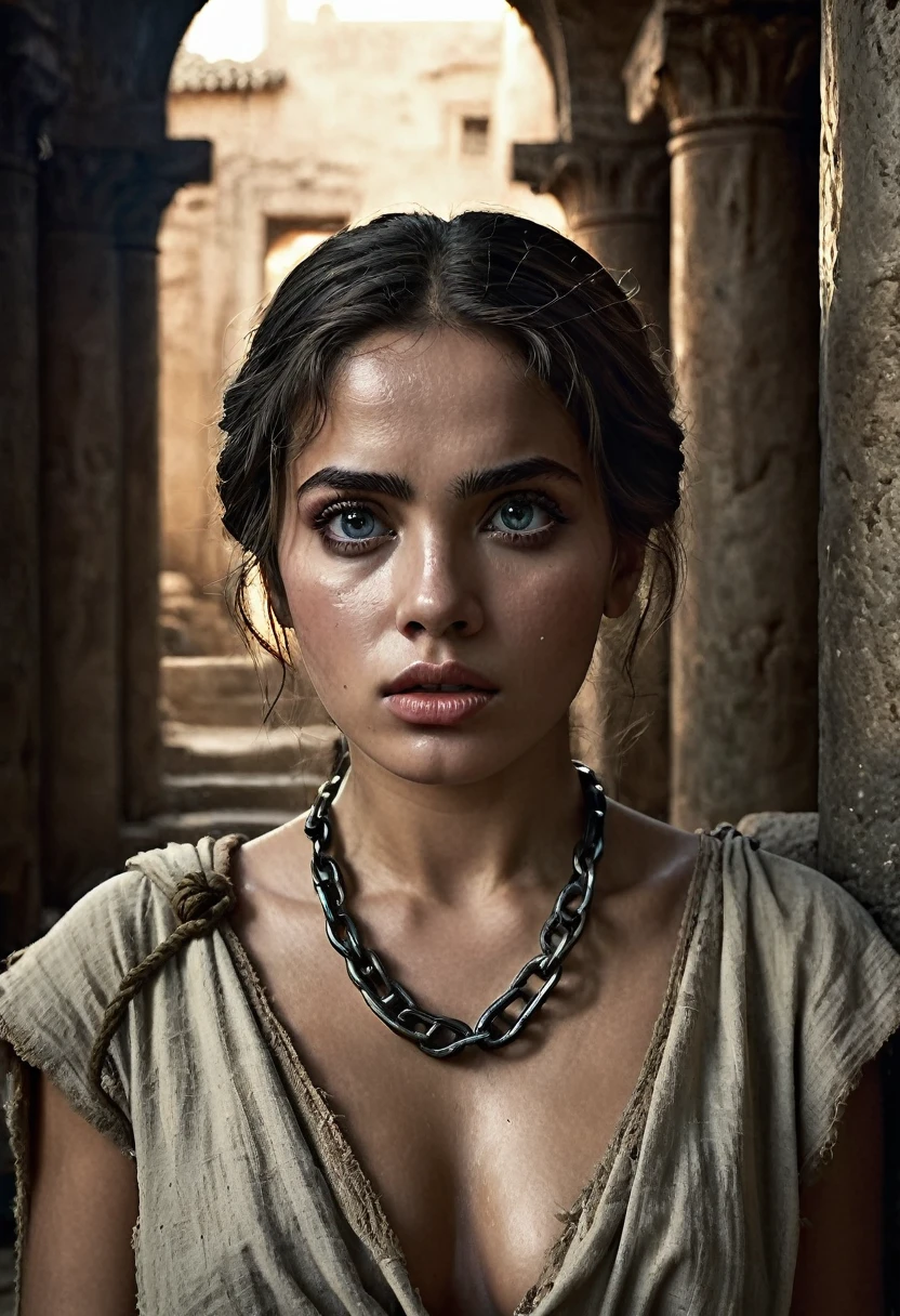 10 female slave, extremely detailed face and eyes, large expressive eyes, beautiful detailed lips, long eyelashes, delicate facial features, expression of fear and desperation, chained wrists, tattered clothes, slave market stall, ancient roman architecture, stone pillars, dimly lit interior, dramatic lighting, muted color palette, realistic rendering, cinematic composition, masterpiece, (best quality,8k,highres,masterpiece:1.2),ultra-detailed,(realistic,photorealistic,photo-realistic:1.37)