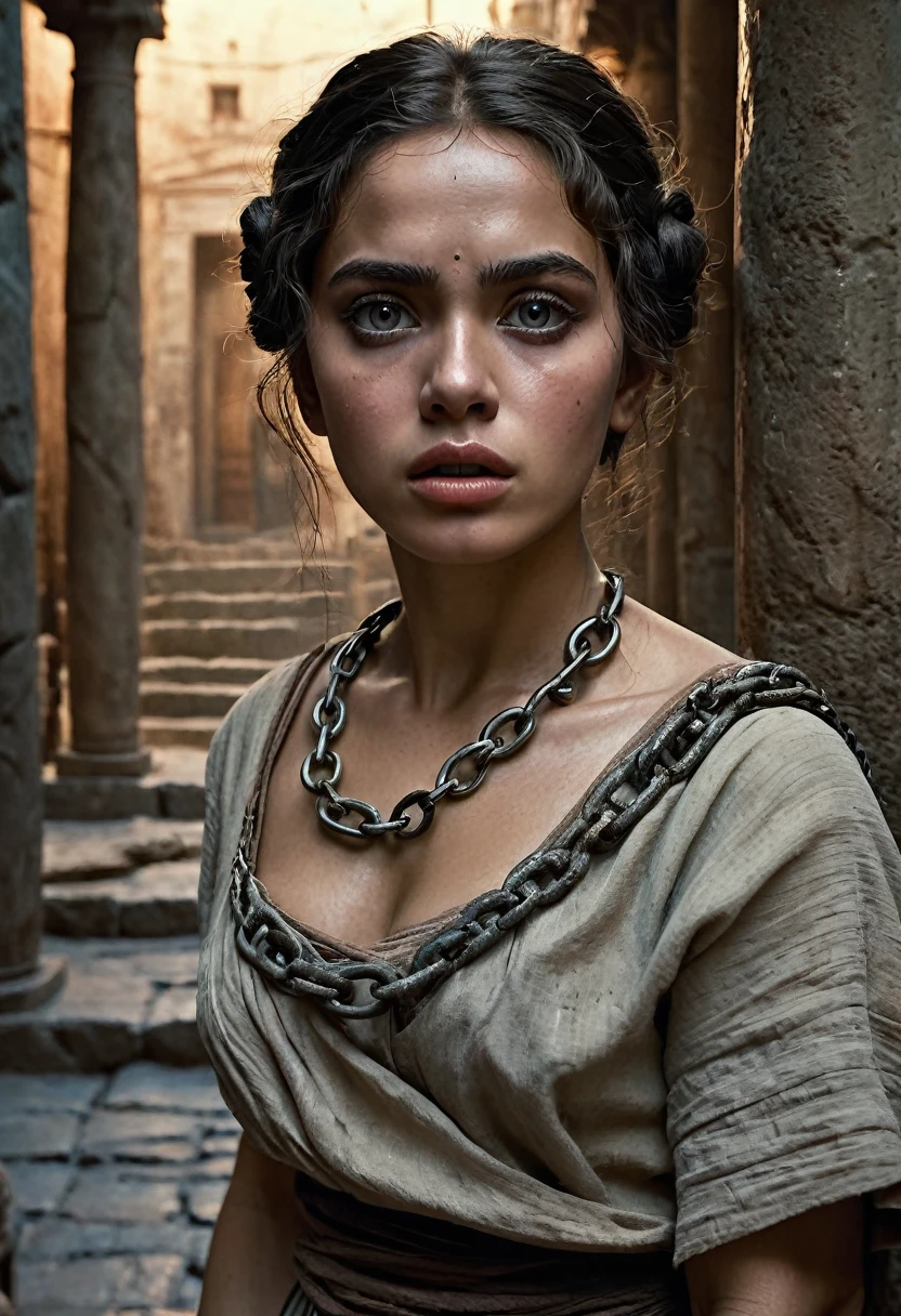 10 female slave, extremely detailed face and eyes, large expressive eyes, beautiful detailed lips, long eyelashes, delicate facial features, expression of fear and desperation, chained wrists, tattered clothes, slave market stall, ancient roman architecture, stone pillars, dimly lit interior, dramatic lighting, muted color palette, realistic rendering, cinematic composition, masterpiece, (best quality,8k,highres,masterpiece:1.2),ultra-detailed,(realistic,photorealistic,photo-realistic:1.37)
