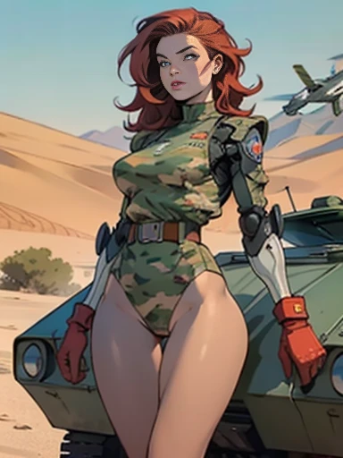 1woman 20 years old, military, beautiful, perfect body, realistic, red hair, perfect body, thin waist, , large breasts, slim thighs, desert background, armored vehicle, flying fighters, military robot dog, camouflaged uniform, wealth of details, tight panties, marking on the front, slender knees, highly detailed, high resolution, prefect hands, slender thighs, show knees, thigh gap, alert eyes