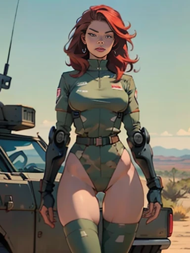 1woman 20 years old, military, beautiful, perfect body, realistic, red hair, perfect body, thin waist, , large breasts, slim thighs, desert background, armored vehicle, flying fighters, military robot dog, camouflaged uniform, wealth of details, tight panties, marking on the front, slender knees, highly detailed, high resolution, prefect hands, slender thighs, show knees, thigh gap, alert eyes