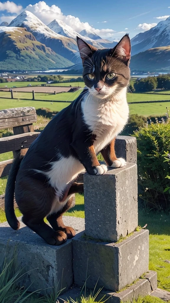 a cute cat. in the position of the thinker. In the background a mountain with a beautiful Scottish landscape.