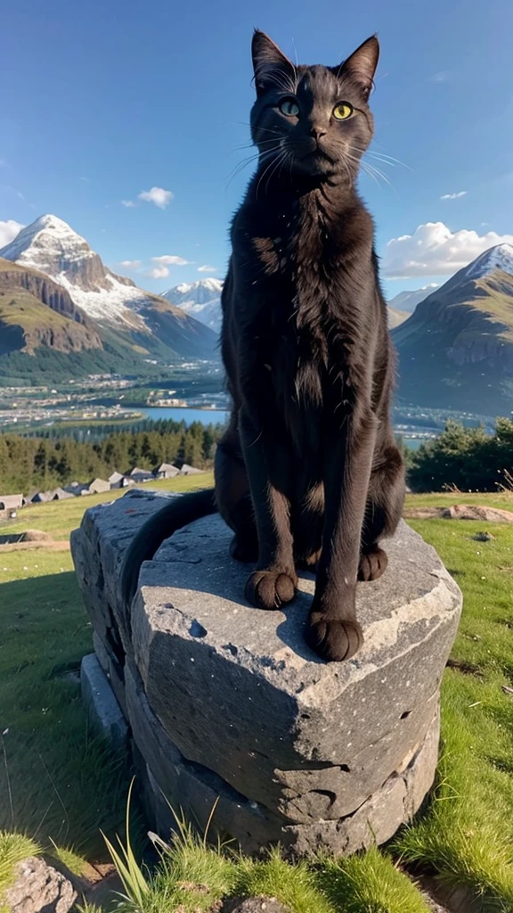 a cute cat. in the position of the thinker. In the background a mountain with a beautiful Scottish landscape.