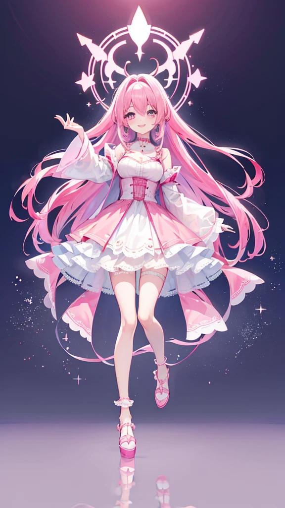 ((Highest quality))、((4K))、((Full Body Shot: 1.5))、((Pink Hair))、Big smile、Slim style、Beautiful long legs、((The background is blurred and I can&#39;t see anything))、(down view),Dynamic Angle,Ultra-detailed, illustration, Close-up, straight on, 1girll, (fantasy:1.4), (azureblueeyes:1.233),Her eyes shone like dreamy stars,(Glowing eyes:1.233),(Beautiful and detailed eyes:1.1),(Silver hair:1.14),(Messy hair,Very long hair,french braid,hair between eye,side locks), (+(bule hair flower:1.14)),(Chiffon dress,bule flower pattern in uniform)/=(army suit:1.24),(Detached sleeves,Wide sleeves),(Fingerless gloves),choker necklace,(miko thighhighs),high heels boots,(Expressionless,Closed mouth),(standing), (Classical princess boudoir with dressing table and floor-to-ceiling windows in a white ancient palace),(White flowers,full bloom),(abyssal),(Flowing water),(a dull blue world tree:1.14),(ruins),(Night:1.2),Dreamy,soul,(Fluorescence),(flying translucent blue butterflies:1.15), [[Delicate fingers and hands:0.55]::0.85],(Detail fingers),(yubao:0.5),