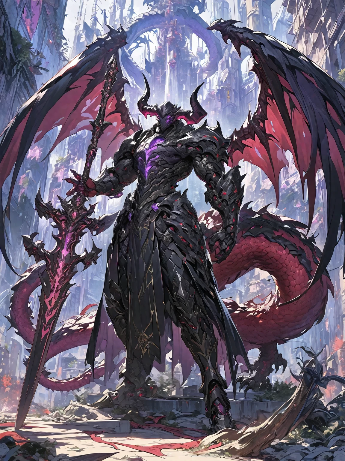 Best quality 8K resolution, Highly detailed, Digital Painting, Concept art, of the highest quality, One, beautiful face, 1 man, adult man, with a relief body, V-shaped body, black detailed armor with glowing purple details, black demonic horns, with large and long dragon wings, short hair, black hair, purple with red tones reptile eyes, a man has a big and long sword in his hand, Against the background of war
