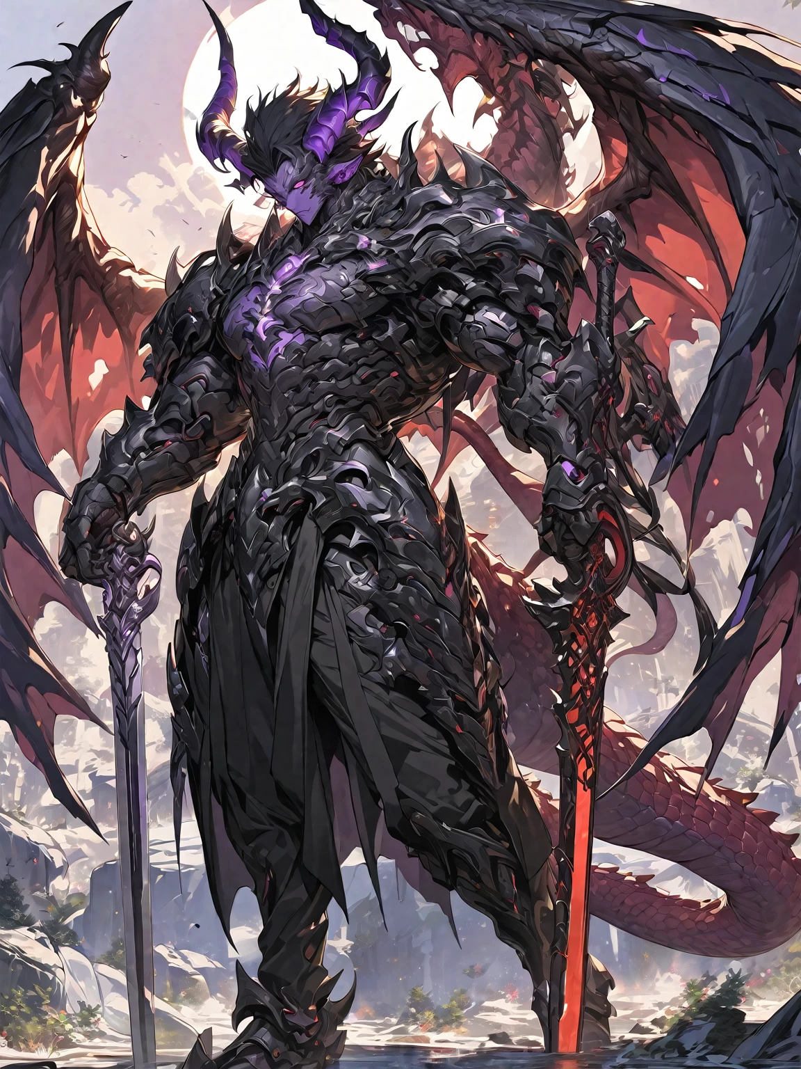 Best quality 8K resolution, Highly detailed, Digital Painting, Concept art, of the highest quality, One, beautiful face, 1 man, adult man, with a relief body, V-shaped body, black detailed armor with glowing purple details, black demonic horns, with large and long dragon wings, short hair, black hair, purple with red tones reptile eyes, a man has a big and long sword in his hand, Against the background of war
