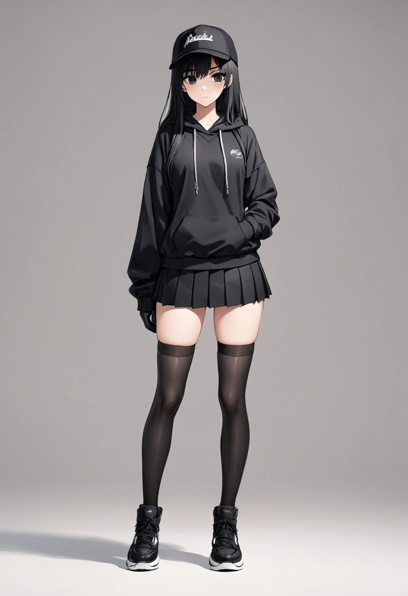 Black miniskirt , Black hoodie , Black gloves , pleated skirt , straight hair , black ball cap , black hair , black eyes , Black sneakers , whole body , stockings , thighs , standing posture