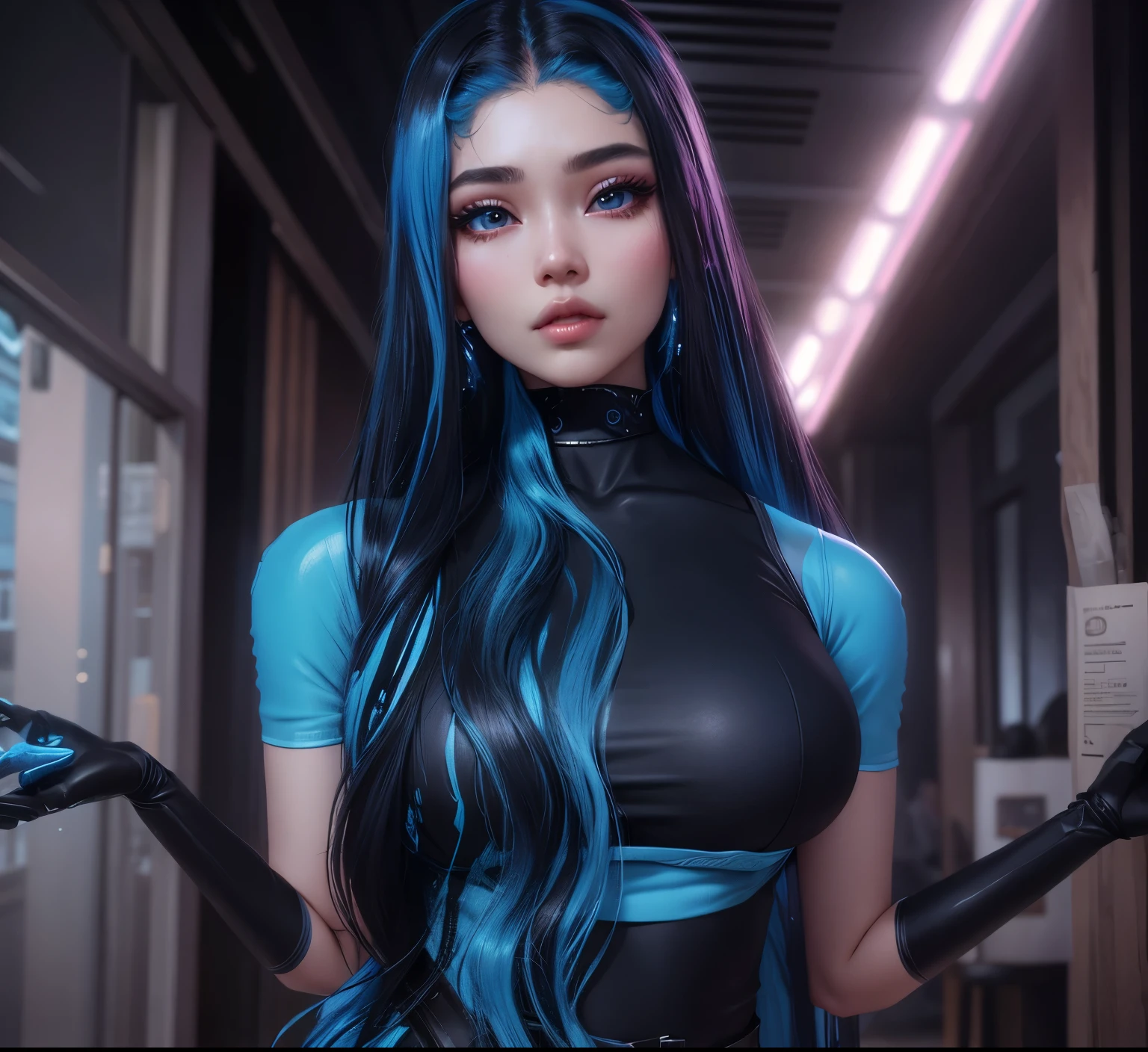 AVATAR SECOND LIFE Korean girl wearing white blouse, Asian, long hair blue, hair blue,, hair blue,, Perfect and detailed face, imvu, maximalist details, AVATAR SECOND LIFE Korean blusa , neon,