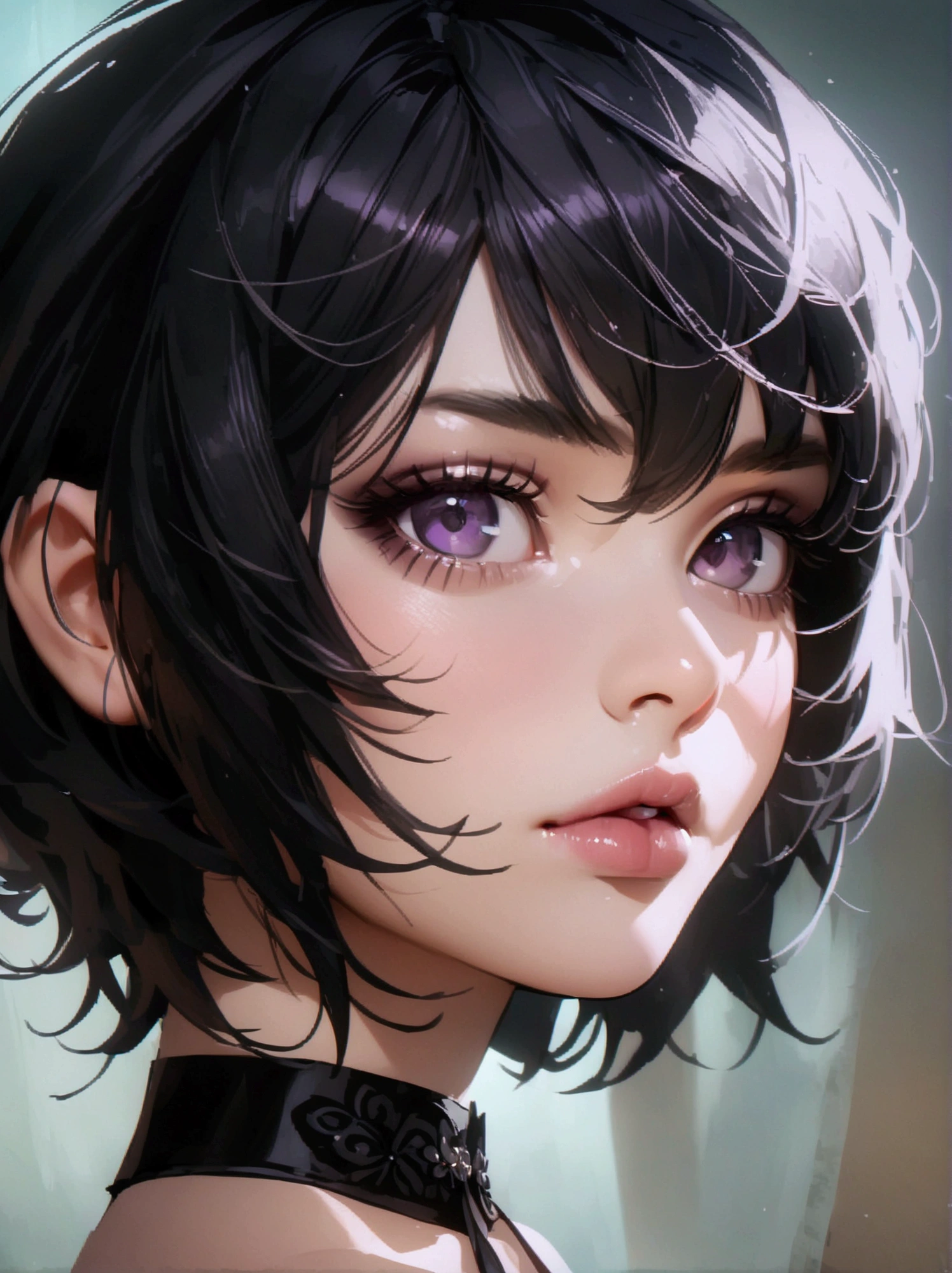 masterpiece,(best quality,top quality,8k),realistic,detailed eyes and face,(1girl), purple eyes, black hair, messy hair, short hair, hair between eyes, pixie cut, goth, gothic, choker, black lips, (black dress:1.2), pretty girl, beauty skin, ultra high res, raw photo , detailed body ,(puffy eyes) ,good contrast , high sharpness,(gorgeous),realistic,RAW Photography,(hyperdetailed:1.2)