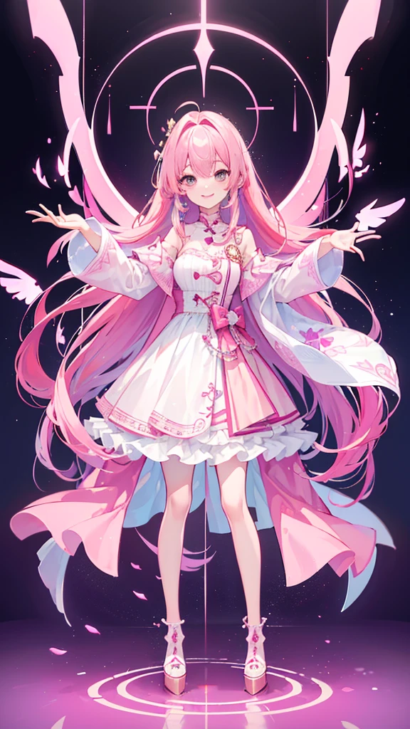 ((Highest quality))、((4K))、((Full Body Shot: 1.5))、((Pink Hair))、Big smile、Slim style、Beautiful long legs、((The background is blurred and I can&#39;t see anything))、(down view),Dynamic Angle,Ultra-detailed, illustration, Close-up, straight on, 1girll, (fantasy:1.4), (azureblueeyes:1.233),Her eyes shone like dreamy stars,(Glowing eyes:1.233),(Beautiful and detailed eyes:1.1),(Silver hair:1.14),(Messy hair,Very long hair,french braid,hair between eye,side locks), (+(bule hair flower:1.14)),(Chiffon dress,bule flower pattern in uniform)/=(army suit:1.24),(Detached sleeves,Wide sleeves),(Fingerless gloves),choker necklace,(miko thighhighs),high heels boots,(Expressionless,Closed mouth),(standing), (Classical princess boudoir with dressing table and floor-to-ceiling windows in a white ancient palace),(White flowers,full bloom),(abyssal),(Flowing water),(a dull blue world tree:1.14),(ruins),(Night:1.2),Dreamy,soul,(Fluorescence),(flying translucent blue butterflies:1.15), [[Delicate fingers and hands:0.55]::0.85],(Detail fingers),(yubao:0.5),