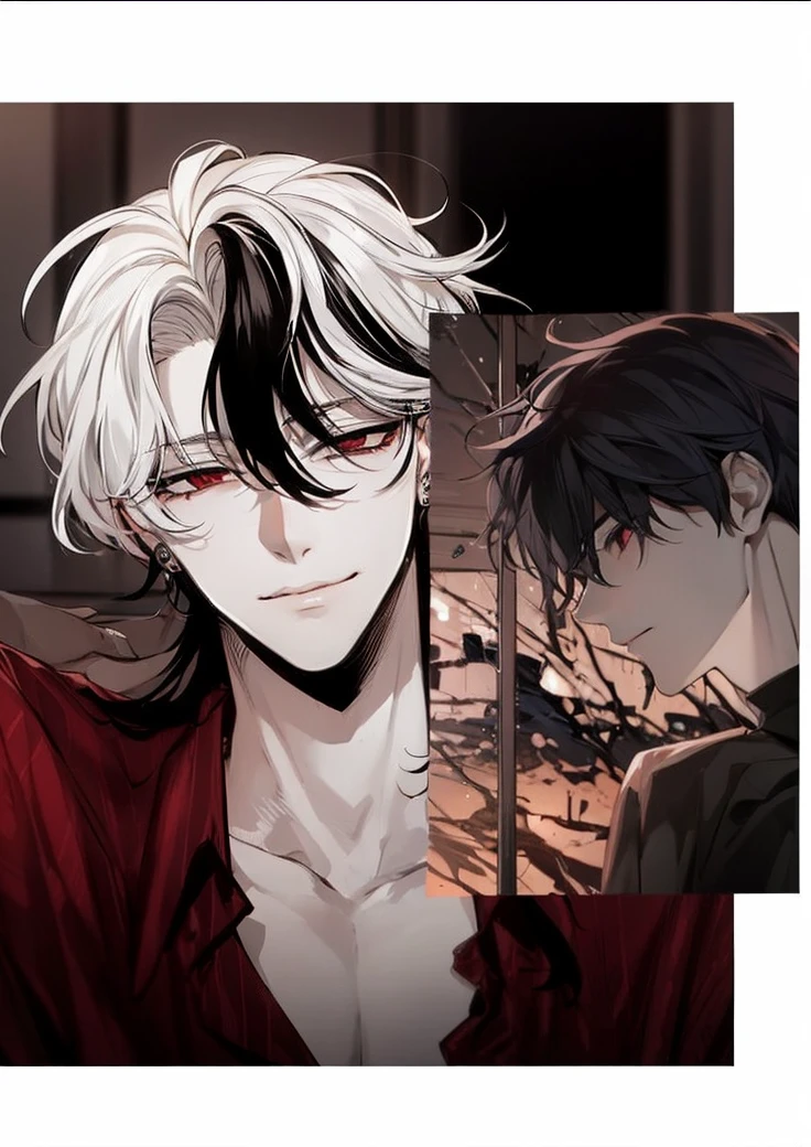 A boy with messy black hair, Dark eyes, A huge demon shadow behind him, dark ambiance, and Red Moon