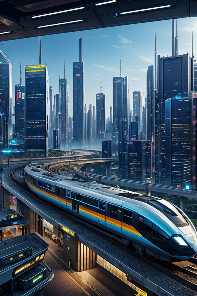 A futuristic city with a futuristic train in a science fiction city