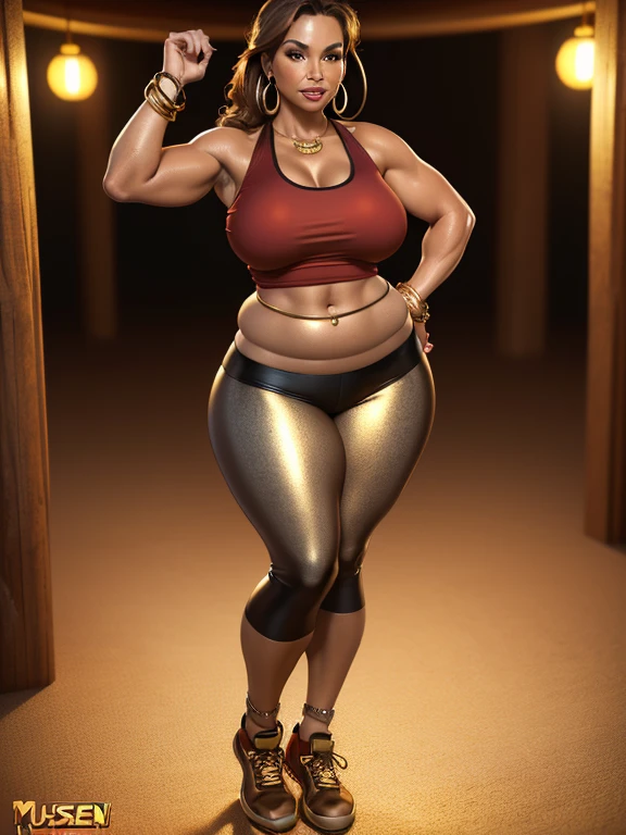 (masterpiece)), ((Best quality)), 8K, HD, Super Detail, (Woman), 3d art, 3d pinup, Latina, 42-years-old, milf, mature female, (Pudgy figure:1.2), (tan-bronze skin:1.5), long brown hair, (Wearing: red tank-top, black leggings, golden earrings, golden bracelets, sneakers:1.2)
