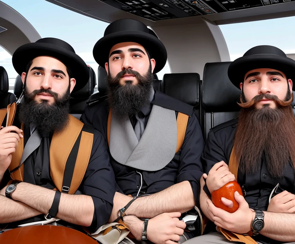 Twelve ultra-Orthodox Jews with beards fly in the sky in a plane shaped and colored like a giant pomegranate shell and there is plenty of room for everyone