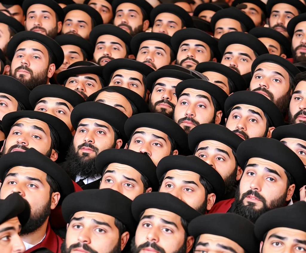 Twelve ultra-Orthodox Jews with beards fly in the sky in a plane shaped and colored like a giant pomegranate shell and there is plenty of room for everyone