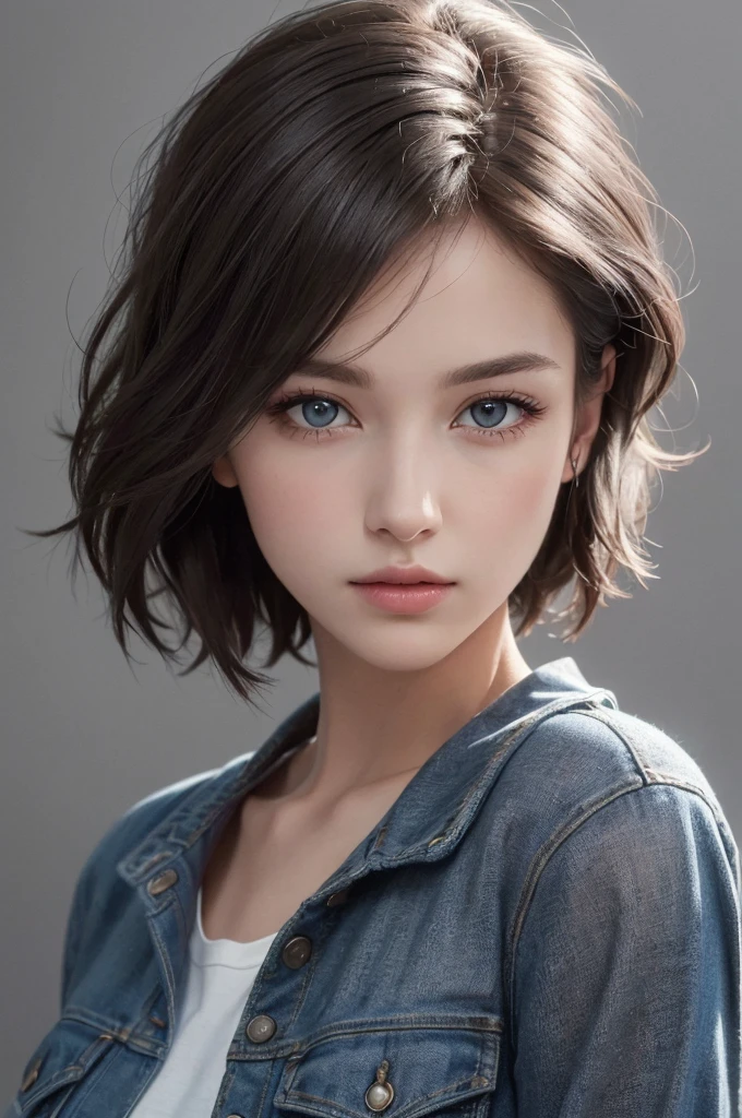 8K Ultra HD、RAWphotograph、モデルphotograph撮影、 European Fashion、(masterpiece、Highest quality、Realistic、High resolution、photograph:1.3)、close、focus on、Hot Model、slim、30 year old mature woman、Small face、No makeup、short hair、Beautiful dark brown Hayne eyes、Genuineスキン、(Perfect body)、Sexy hot face、sexual sight、slim、Yellow Shirt、Denim Jacket、Long sleeve、Beautiful eyes in every detail、Glossy lips、((Bright light、Dynamic Lighting、Genuine、超Genuine、 realism、Genuineなディテール、Cool Beauty、Cool pose、Background gray、Plain gray background