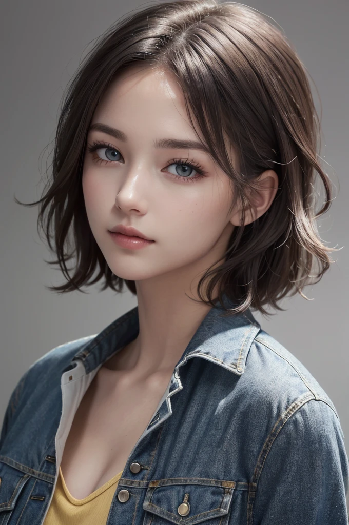 8K Ultra HD、RAWphotograph、モデルphotograph撮影、 European Fashion、(masterpiece、Highest quality、Realistic、High resolution、photograph:1.3)、close、focus on、Hot Model、slim、30 year old mature woman、Small face、No makeup、short hair、Beautiful dark brown Hayne eyes、Genuineスキン、(Perfect body)、Sexy hot face、sexual sight、slim、Yellow Shirt、Denim Jacket、Long sleeve、Beautiful eyes in every detail、Glossy lips、((Bright light、Dynamic Lighting、Genuine、超Genuine、 realism、Genuineなディテール、Cool Beauty、Cool pose、Background gray、Plain gray background