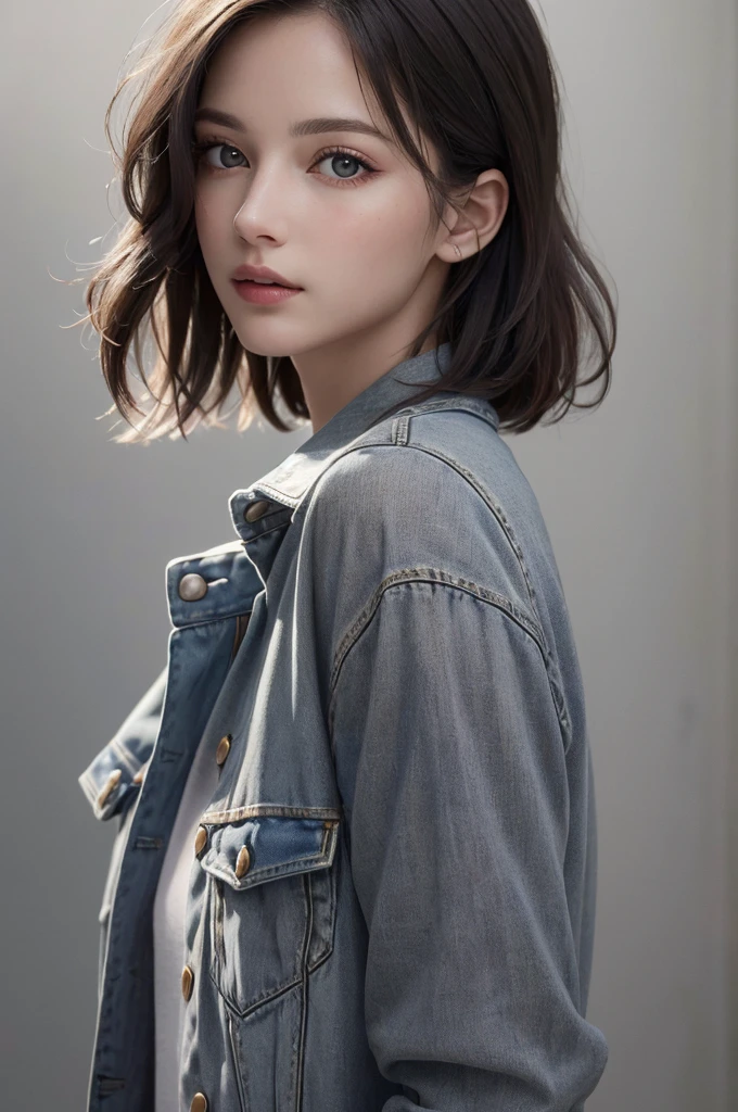 8K Ultra HD、RAWphotograph、モデルphotograph撮影、 European Fashion、(masterpiece、Highest quality、Realistic、High resolution、photograph:1.3)、close、focus on、Hot Model、slim、30 year old mature woman、Small face、No makeup、short hair、Beautiful dark brown Hayne eyes、Genuineスキン、(Perfect body)、Sexy hot face、sexual sight、slim、Yellow Shirt、Denim Jacket、Long sleeve、Beautiful eyes in every detail、Glossy lips、((Bright light、Dynamic Lighting、Genuine、超Genuine、 realism、Genuineなディテール、Cool Beauty、Cool pose、Background gray、Plain gray background