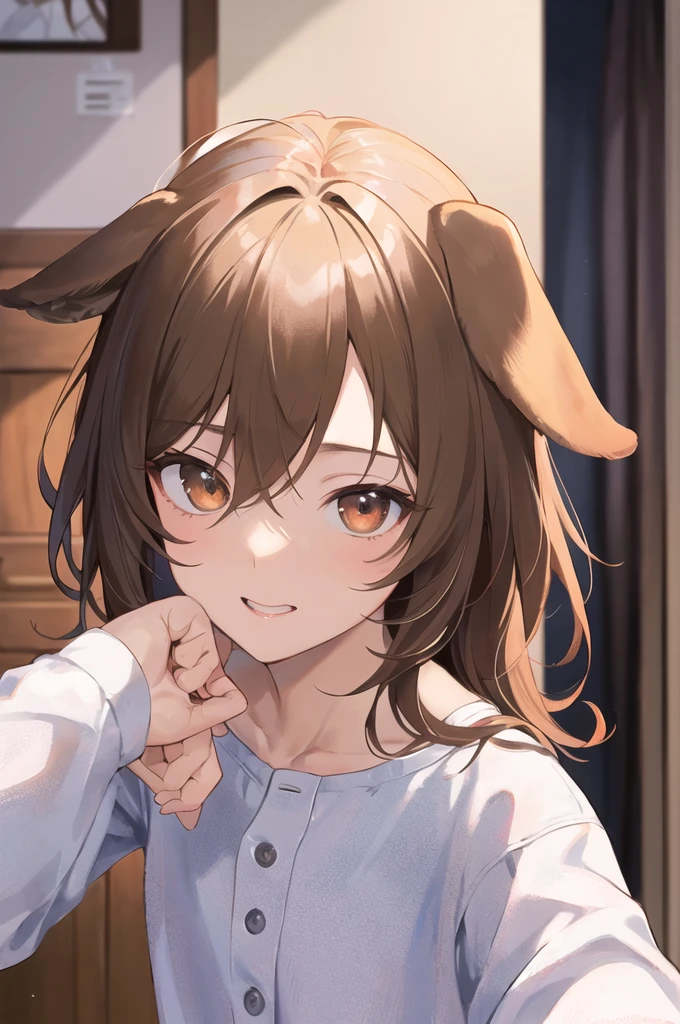 2d、masterpiece、Highest quality、anime、Highly detailed eyes、Highly detailed face、Highly detailed background、Bedroom、Perfect lighting、Cowboy Shot、One girl、solo、Korone、犬神Korone、Ho****ve、Virtual YouTuber、Brown eyes、Brown Hair、Dog Ears、Dog&#39;s tail、Dog Girl、Low braid、Twin braids、hair ornaments、White Dress、Yellow cardigan、smile、\:3、Sitting、computer、monitor、One shoulder is bare.