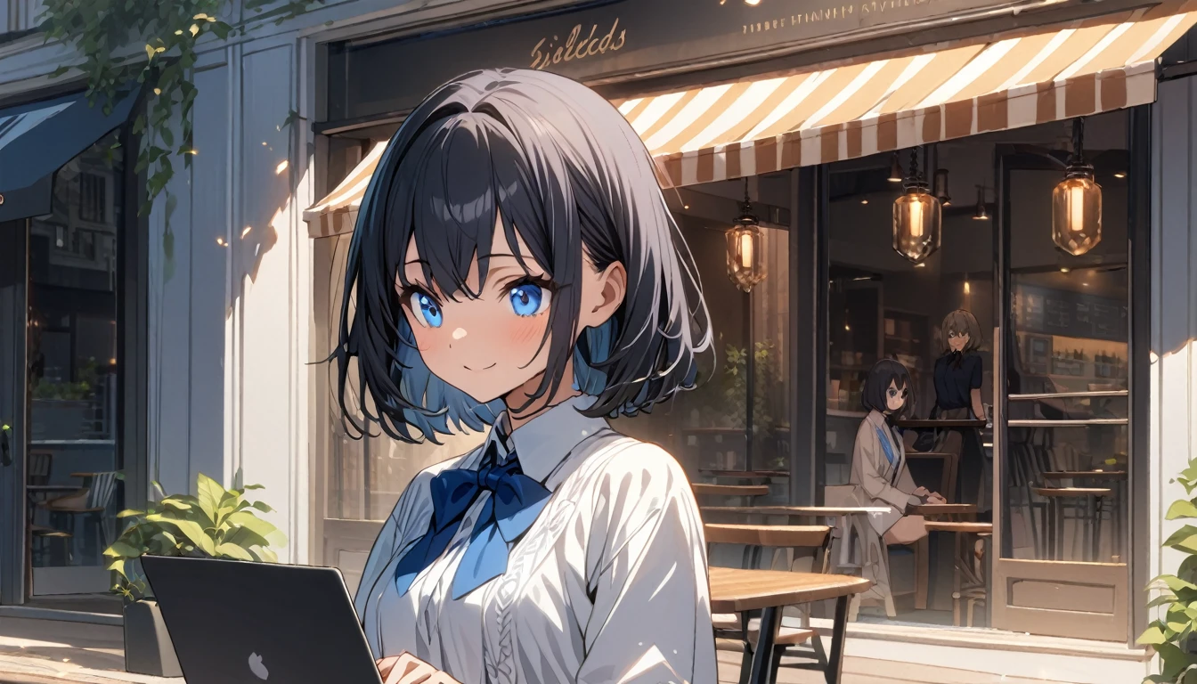 (1girl in),(beautiful blue eyes finely detailed、Face to detail、masterpiece sidelighting、masterpiece、top-quality、detaileds、High resolution illustration),Woman using laptop on the open terrace of a fashionable café、18year old、OL、Everyday clothes、A smile、frontage、The upper part of the body、black hair、Short bob hair、The upper part of the body、wearing formal clothes and wearing a blue bowtie