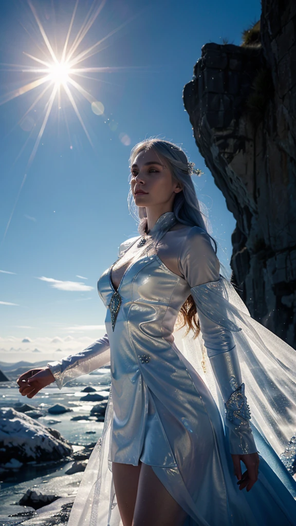 Ash blonde hair woman crystal blue eyes standing by cliff, looking over the misty sea. White shimmering dress, silver and sapphire tiara, sapphire necklace and earrin
