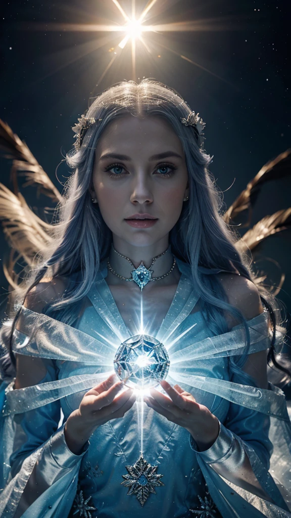 `an ice queen in a kingdom with the sun in the background, High Definition, Rich in details`  