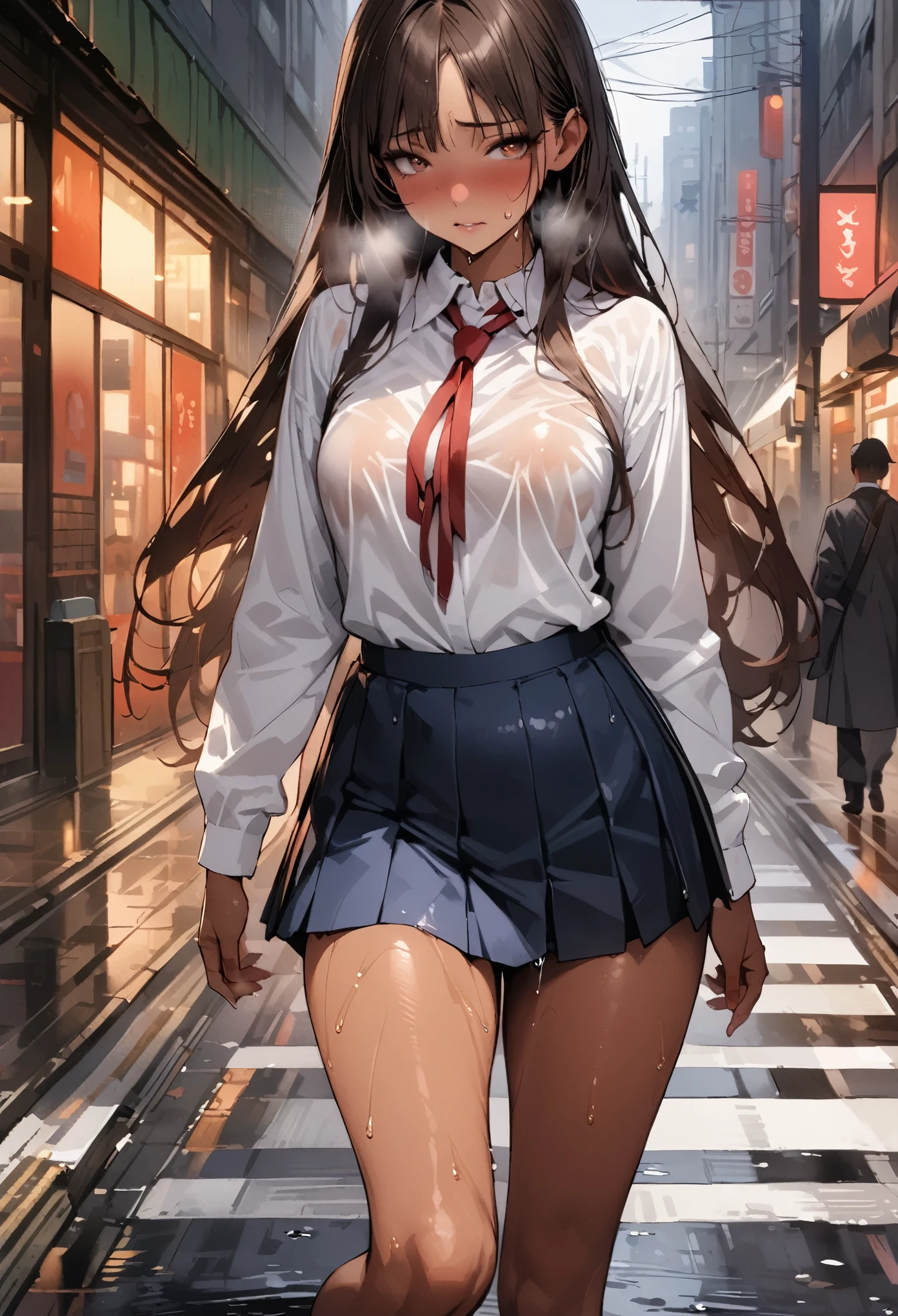 ((masterpiece,Highest quality:1.3,best quality illustration,realistic:1.3)),cowboy shot,独奏,1woman,(20-year-old、Japanese Beauty)、brown hair,long hair,(center parted bangs),brown eyes,gorgeous eyes,((very small head:1.3)),shy,Heavy breathing,((very long body:1.2,skinny)),medium breasts,(tan skin:1.3),(Red ribbon tie、White collared shirt、Long sleeve navy blue pleated mini skirt),gleaming skin,toned body,slender body、Wet crotch、sweat,on street,Shibuya、Modern Tokyo、