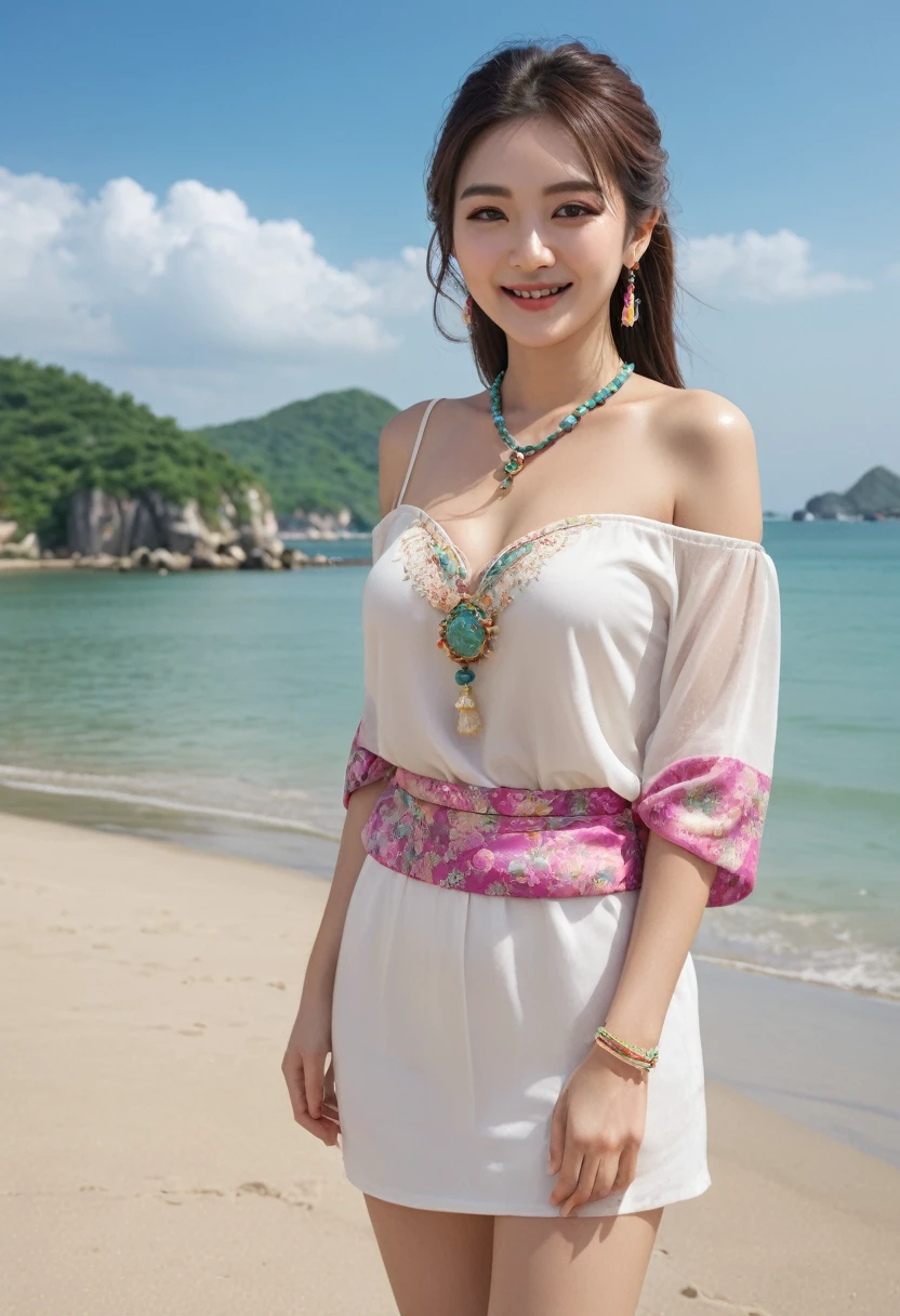 (best quality:1.1) ,(photorealistic:1.1), (photography:1.1), (highly detailed:1.1), looking at viewer,armlet, Jade bracelet, eyelashes, happy, medium breasts,beautiful detailed girl, (extremely detailed eyes and face), (lighting on face),necklace,Colorful clothes, [chinese clothes],[off shoulder], (solo:1.2), sandbeach,sand,Standing by the seaside, summer, (beautiful detailed sky),seethru, nipple showing