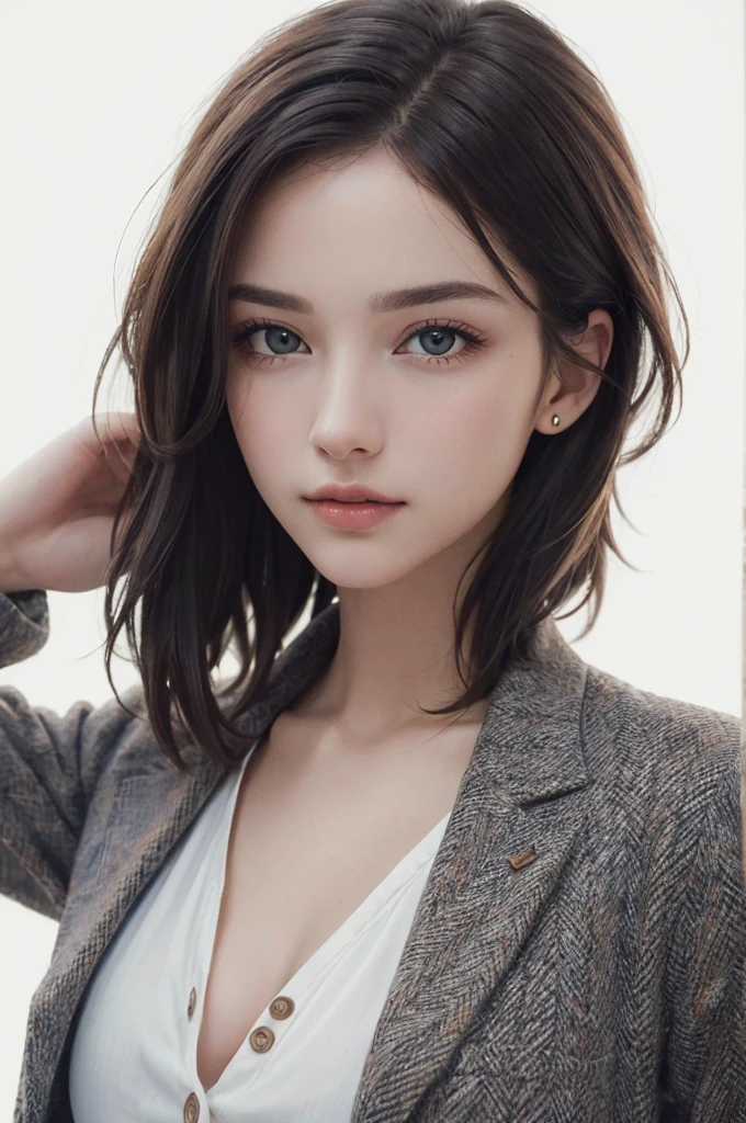 8K Ultra HD、RAWphotograph、モデルphotograph撮影、 European Fashion、(masterpiece、Highest quality、Realistic、High resolution、photograph:1.3)、close、focus on、Hot Model、slim、30 year old mature woman、Small face、No makeup、short hair、Beautiful dark brown Hayne eyes、Genuineスキン、(Perfect body)、Sexy hot face、sexual sight、slim、Tweed jacket、Long sleeve、shirt、Button up,Beautiful eyes in every detail、Glossy lips、((Bright light、Dynamic Lighting、Genuine、超Genuine、 realism、Genuineなディテール、Cool Beauty、Cool pose、Background white、Plain white background