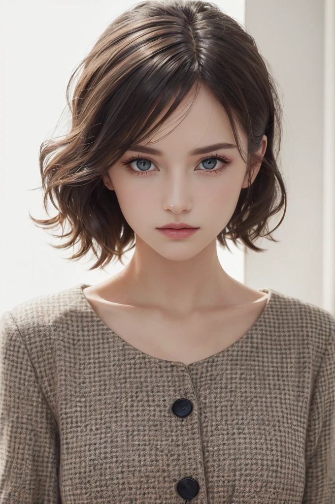 8K Ultra HD、RAWphotograph、モデルphotograph撮影、 European Fashion、(masterpiece、Highest quality、Realistic、High resolution、photograph:1.3)、close、focus on、Hot Model、slim、30 year old mature woman、Small face、No makeup、short hair、Beautiful dark brown Hayne eyes、Genuineスキン、(Perfect body)、Sexy hot face、sexual sight、slim、Tweed jacket、Long sleeve、shirt、Button up,Beautiful eyes in every detail、Glossy lips、((Bright light、Dynamic Lighting、Genuine、超Genuine、 realism、Genuineなディテール、Cool Beauty、Cool pose、Background white、Plain white background