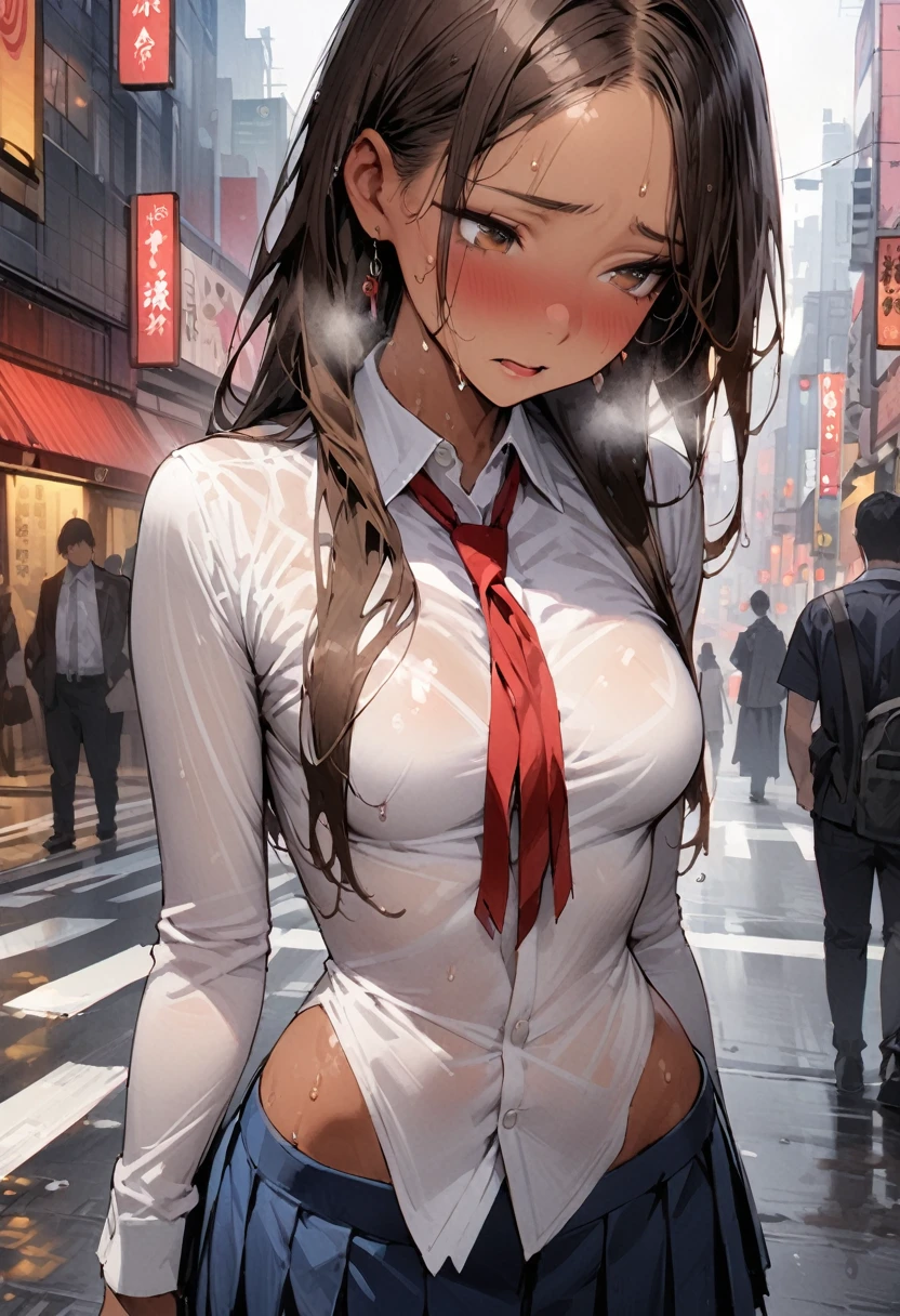 ((masterpiece,Highest quality:1.3,best quality illustration,realistic:1.3)),cowboy shot,独奏,1woman,(20-year-old、Japanese Beauty)、brown hair,long hair,(center parted bangs),brown eyes,gorgeous eyes,((very small head:1.3)),shy,Heavy breathing,((very long body:1.2,skinny)),medium breasts,(tan skin:1.3),(Red ribbon tie、White collared shirt、Long sleeve navy blue pleated mini skirt),gleaming skin,toned body,slender body、Wet crotch、sweat,on street,Shibuya、Modern Tokyo、