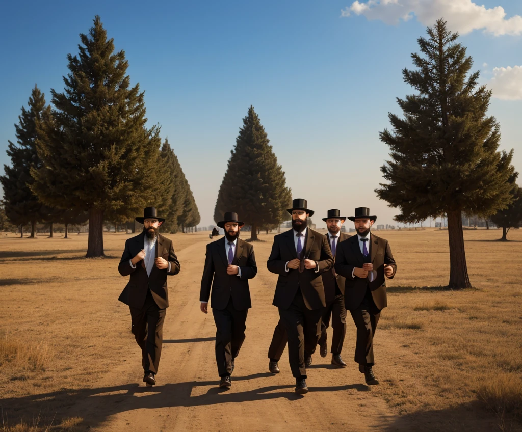 Twelve short ultra-Orthodox Jews with beards run away from three giant, strong and heroic gentiles tall as high as the sky in everyone's eyes there are grasshoppers
