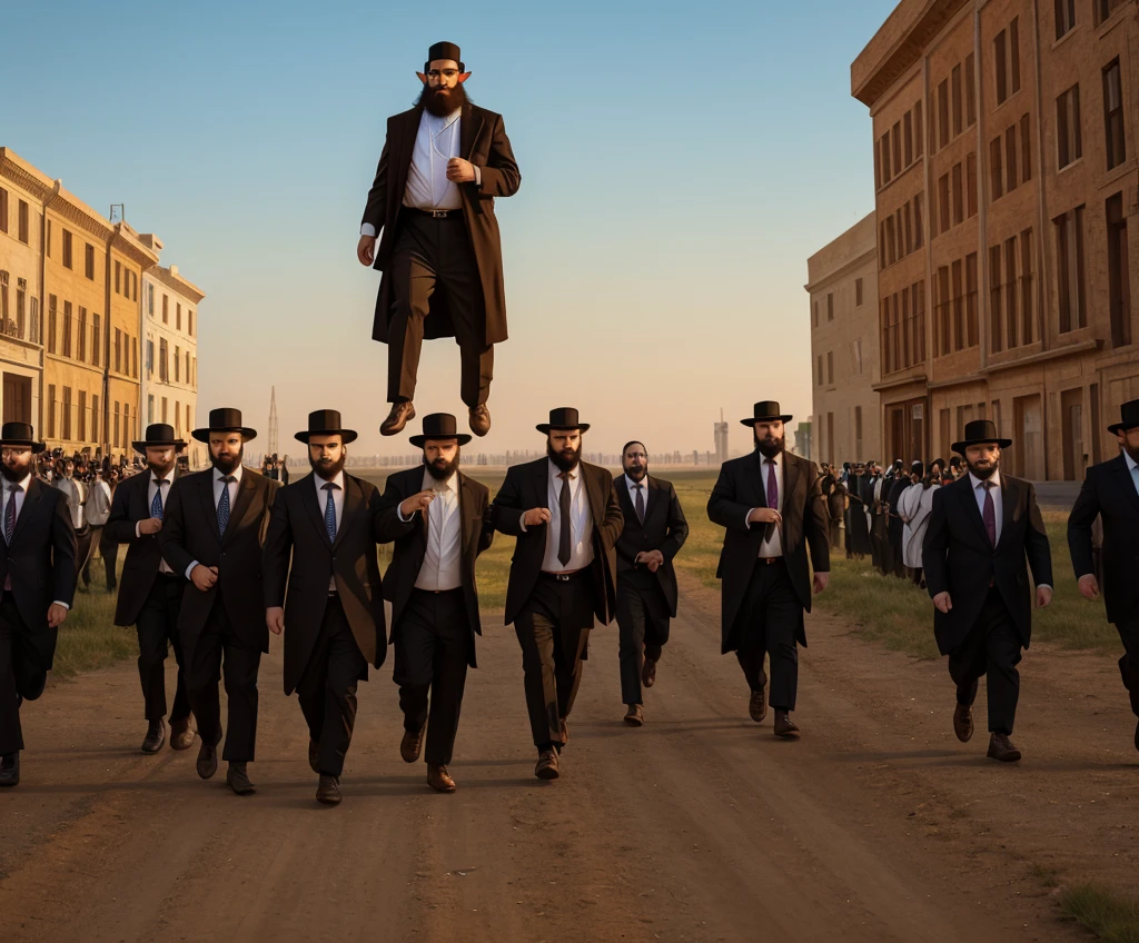 Twelve short ultra-Orthodox Jews with beards run away from three giant, strong and heroic gentiles tall as high as the sky in everyone's eyes there are grasshoppers
