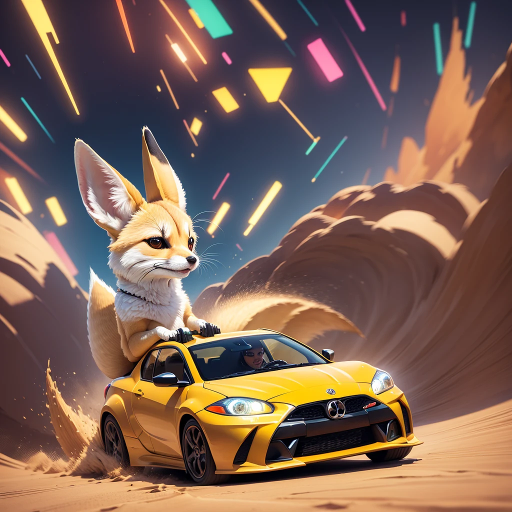 Make a creative art a fennec driving a car too fast,  colorful bakground design