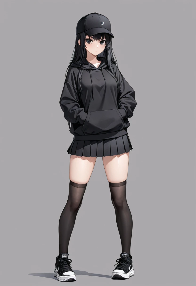 Black miniskirt , Black hoodie , Black gloves , pleated skirt , straight hair , black ball cap , black hair , black eyes , Black sneakers , whole body , stockings , thighs , standing posture
