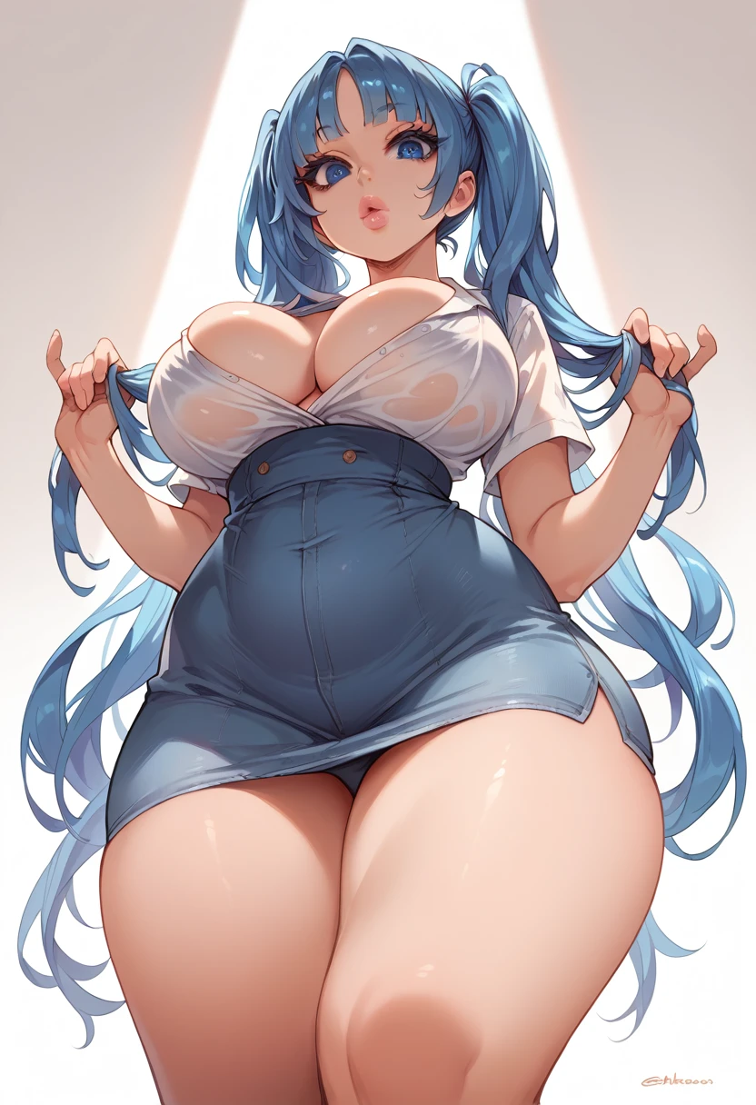 blue hair, long hair, pigtails, blue eyes, big lips, plump lips, big eyelashes, big breasts, big hips, hot, messy, sexy, cleavage, skinny, hourglass body, small waist, feet, from below, standing, feet focus