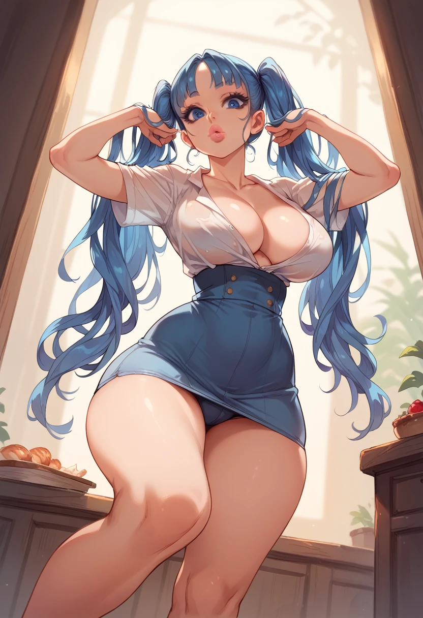 blue hair, long hair, pigtails, blue eyes, big lips, plump lips, big eyelashes, big breasts, big hips, hot, messy, sexy, cleavage, skinny, hourglass body, small waist, feet, from below, standing, feet focus