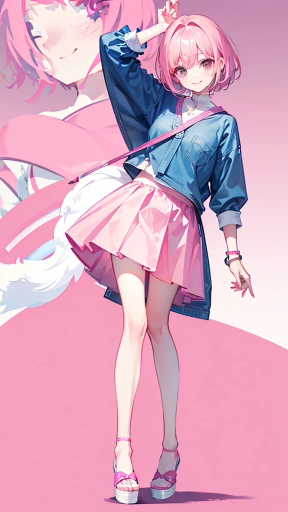 ((Highest quality))、((4K))、((Full Body Shot: 1.5))、((Pink short hair))、Big smile、Slim style、Beautiful long legs、((The background is blurred and I can&#39;t see anything))、(down view),Dynamic Angle,Ultra-detailed, illustration, Close-up, straight on, 1girll, (fantasy:1.4), (azureblueeyes:1.233),Her eyes shone like dreamy stars,(Glowing eyes:1.233),(Beautiful and detailed eyes:1.1),(Silver hair:1.14),(Messy hair,Very long hair,french braid,hair between eye,side locks), (+(bule hair flower:1.14)),(Chiffon dress,bule flower pattern in uniform)/=(army suit:1.24),(Detached sleeves,Wide sleeves),(Fingerless gloves),choker necklace,(miko thighhighs),high heels boots,(Expressionless,Closed mouth),(standing), (Classical princess boudoir with dressing table and floor-to-ceiling windows in a white ancient palace),(White flowers,full bloom),(abyssal),(Flowing water),(a dull blue world tree:1.14),(ruins),(Night:1.2),Dreamy,soul,(Fluorescence),(flying translucent blue butterflies:1.15), [[Delicate fingers and hands:0.55]::0.85],(Detail fingers),(yubao:0.5),