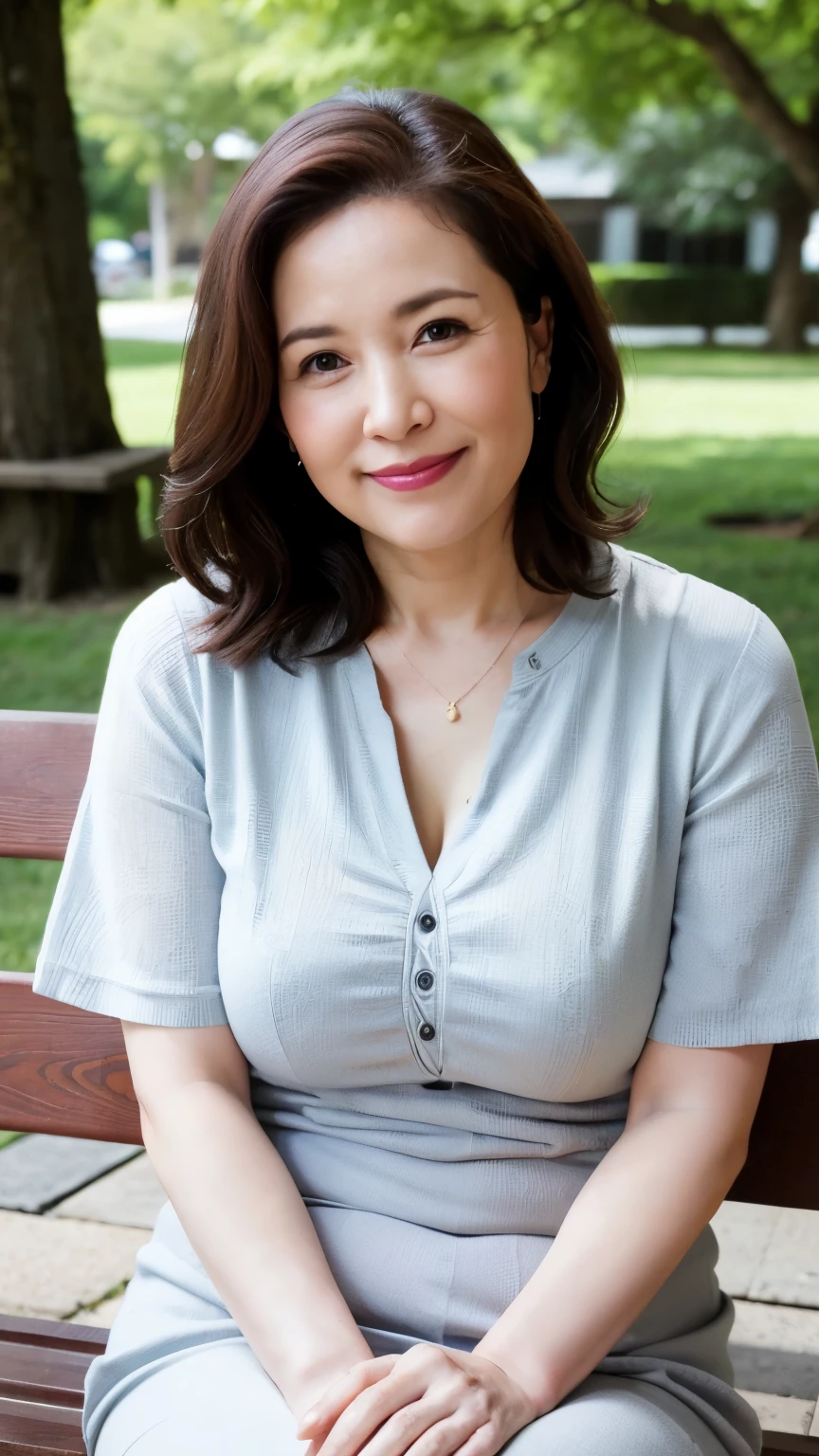 最high quality, In 8K, Masseter region, Genuine, Sharp focus, high quality, High resolution, Detailed face, fine grain, Thick lips, Background Blur, alone, Middle-aged women, , 65 years old, , Wavy Hair, Cleavage, Wearing a plain short-sleeved knit, sitting on a park bench, Wrinkles around the eyes, Smiling with teeth showing
