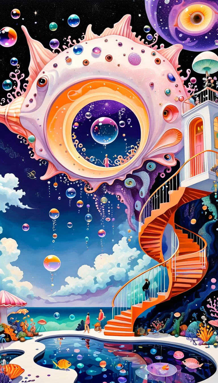 "Dick Ellescas Artist Style",3D transparent conch swimming pool in the sky,沐浴的章fish,Platform、Swimming ring、Starry Sky、cloud,fish、Tentacles、bird、Eye、Soap bubbles,diatom,Spiral Staircase,People silhouette、Stitching together an abstract painting,Describing the inner world of autistic people,Sense of space,White Space,interesting,Innocence,Psychedelic Art,Dense pointillism,Pink theme,Bold contrasts,Purple and Orange