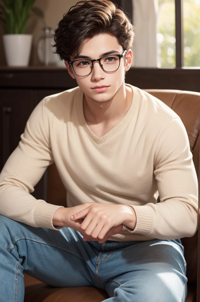 Imagine a young man in a casual setting with positive thoughts and intellectual aspects
