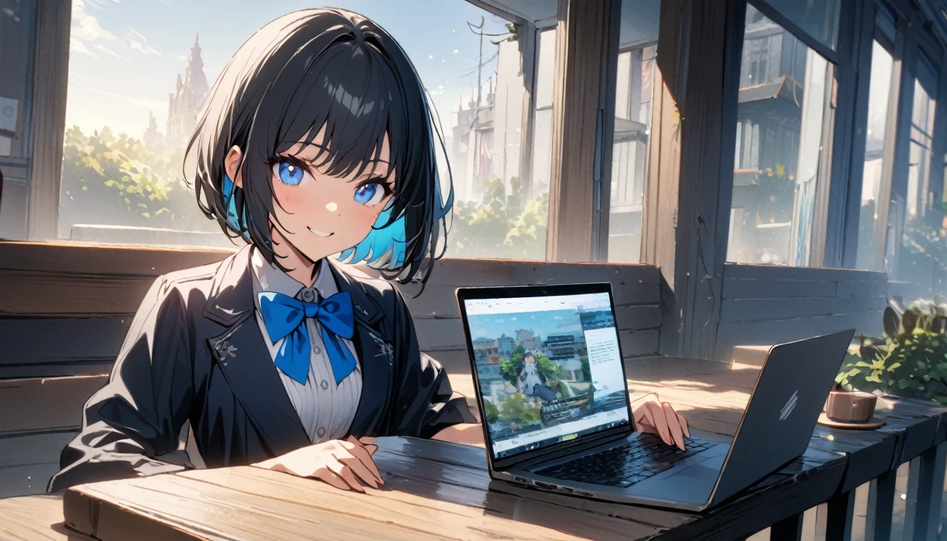 (1girl in),(beautiful blue eyes finely detailed、Face to detail、masterpiece sidelighting、masterpiece、top-quality、detaileds、High resolution illustration),Woman using laptop on the open terrace of a fashionable café、18year old、OL、Everyday clothes、A smile、frontage、The upper part of the body、black hair、Short bob hair、The upper part of the body、wearing formal clothes and wearing a blue bowtie