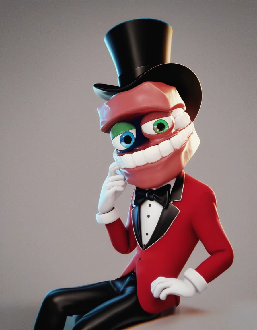 caine, solo, gloves, 1boy, hat, bow, sitting, male focus, white gloves, bowtie, top hat, teeth for head, blue eyes, green eyes, heterochromia, gloating eyes, floating head, source, 3d, red suit, black pants,