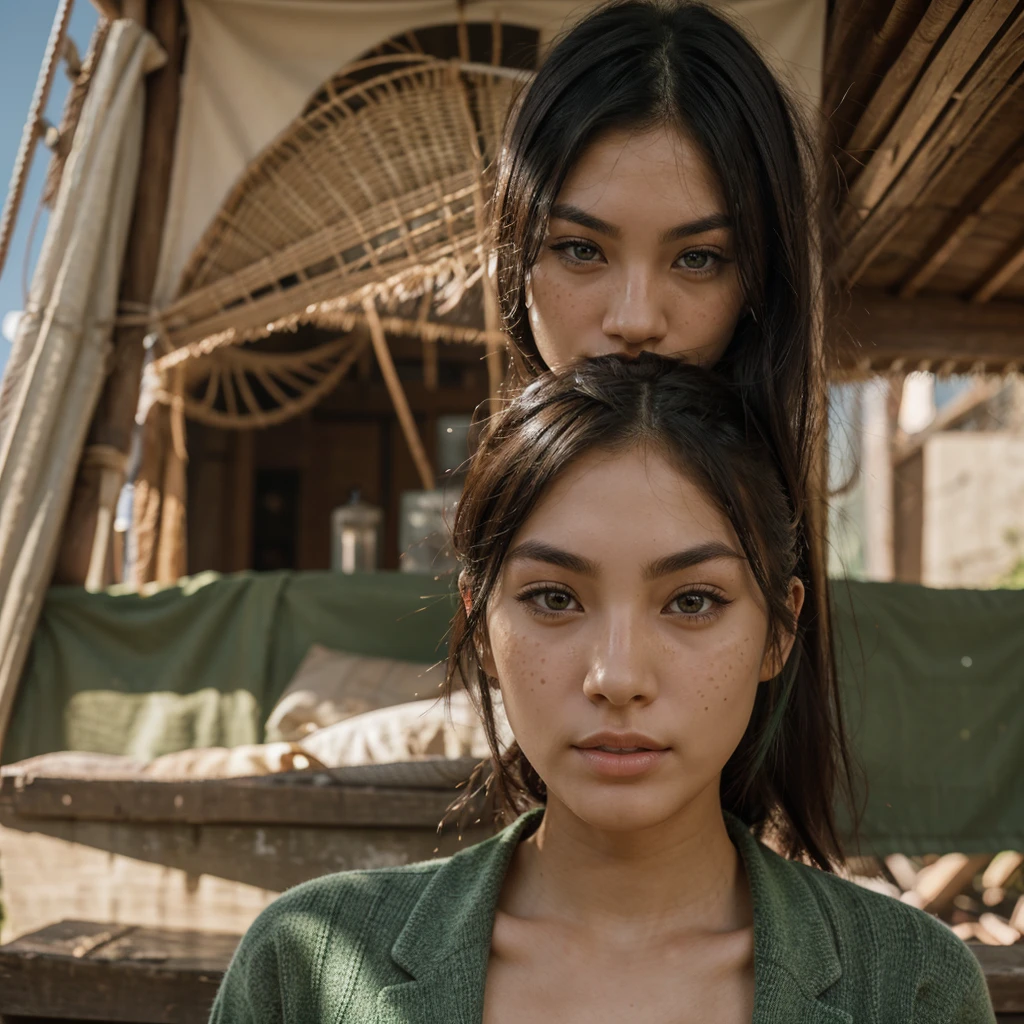 Oval face with high cheekbones, a defined jawline is Asian, japanese. His eyes are large and almond, black in color, with long eyelashes and thick, arched eyebrows, nose is small and straight, and she has full, wide lips, hair is black with a green streak on the left side, short and smooth and loose, fair skin with lots of freckles on the nose and rosy cheeks.