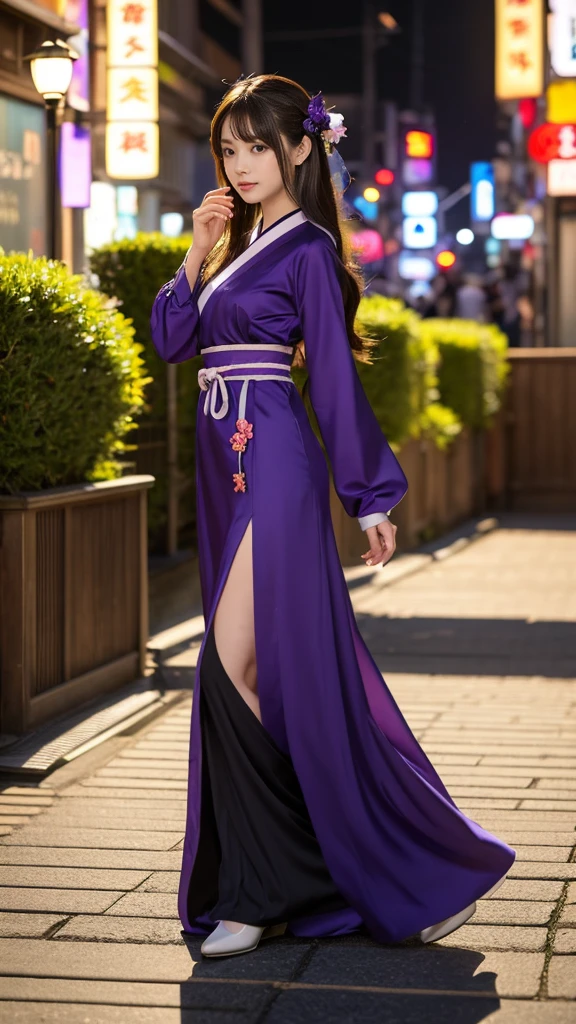 Full body, Anime girl in a purple and black dress with a purple sakura flower in her hair, artwork in the style of Gweitz, Gweitz, japanese Girl, Trending on cgstation, Cute anime in a nice dress, Gweitz on pixiv artstation, palace , Girl in Hanfu, Beautiful digital art, Gweitz on artstation pixiv, very very long brown hair rapunzel, dancing, walking, background japan city, excited