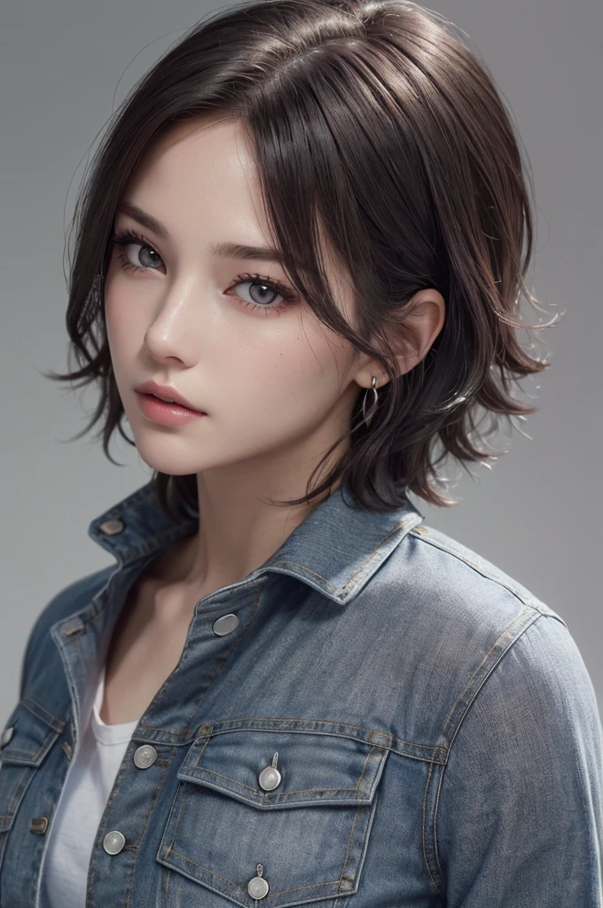 8K Ultra HD、RAWphotograph、モデルphotograph撮影、 European Fashion、(masterpiece、Highest quality、Realistic、High resolution、photograph:1.3)、close、focus on、Hot Model、slim、30 year old mature woman、Small face、No makeup、short hair、Beautiful dark brown Hayne eyes、Genuineスキン、(Perfect body)、Sexy hot face、sexual sight、slim、shirt、Denim Jacket、Long sleeve、Beautiful eyes in every detail、Glossy lips、((Bright light、Dynamic Lighting、Genuine、超Genuine、 realism、Genuineなディテール、Cool Beauty、Cool pose、Background gray、Plain gray background