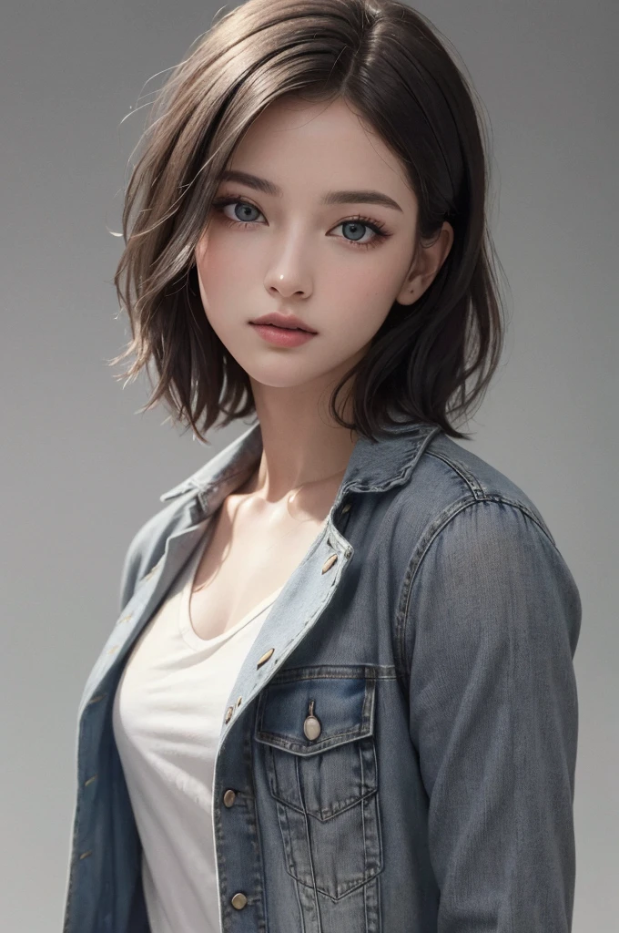 8K Ultra HD、RAWphotograph、モデルphotograph撮影、 European Fashion、(masterpiece、Highest quality、Realistic、High resolution、photograph:1.3)、close、focus on、Hot Model、slim、30 year old mature woman、Small face、No makeup、short hair、Beautiful dark brown Hayne eyes、Genuineスキン、(Perfect body)、Sexy hot face、sexual sight、slim、shirt、Denim Jacket、Long sleeve、Beautiful eyes in every detail、Glossy lips、((Bright light、Dynamic Lighting、Genuine、超Genuine、 realism、Genuineなディテール、Cool Beauty、Cool pose、Background gray、Plain gray background