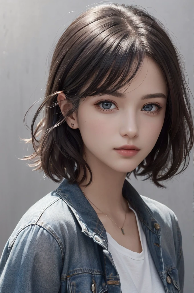8K Ultra HD、RAWphotograph、モデルphotograph撮影、 European Fashion、(masterpiece、Highest quality、Realistic、High resolution、photograph:1.3)、close、focus on、Hot Model、slim、30 year old mature woman、Small face、No makeup、short hair、Beautiful dark brown Hayne eyes、Genuineスキン、(Perfect body)、Sexy hot face、sexual sight、slim、shirt、Denim Jacket、Long sleeve、Beautiful eyes in every detail、Glossy lips、((Bright light、Dynamic Lighting、Genuine、超Genuine、 realism、Genuineなディテール、Cool Beauty、Cool pose、Background gray、Plain gray background