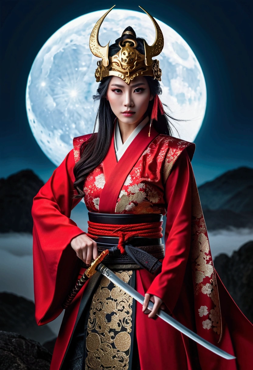 Not Bess Hamiti style, capture a powerful and courageous Red Witch, dressed as a Samurai Warrior, adorned in traditional Japanese armor with red and gold plates, and a stylized kimono below. She wields a mystical katana with intricate details and wears an ornately adorned Samurai helmet.. A wavy image, in black and white, imbued with an ethereal, dreamlike quality, capturing a moment frozen in time, while the sorceress stands on the precipice of a moonlit battlefield, your eyes filled with an intense and supernatural shine.