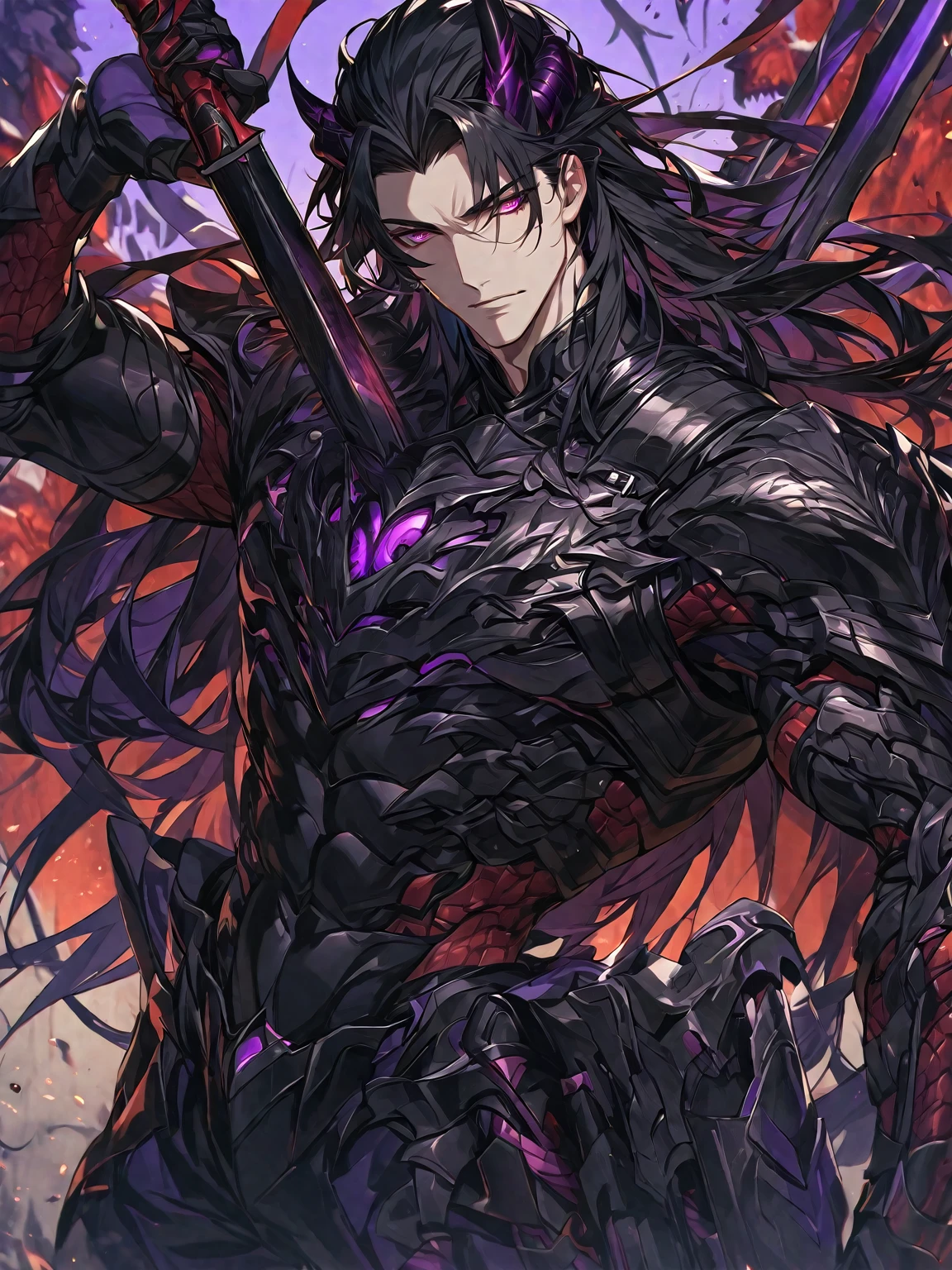 One, handsome, 1 man, with a sporty body, V-shaped body, black detailed armor with glowing purple details, black demonic horns, long hair, black hair, purple with red tones of reptile eyes, purple threads, a man has a big and long sword in his hand, Against the background of war