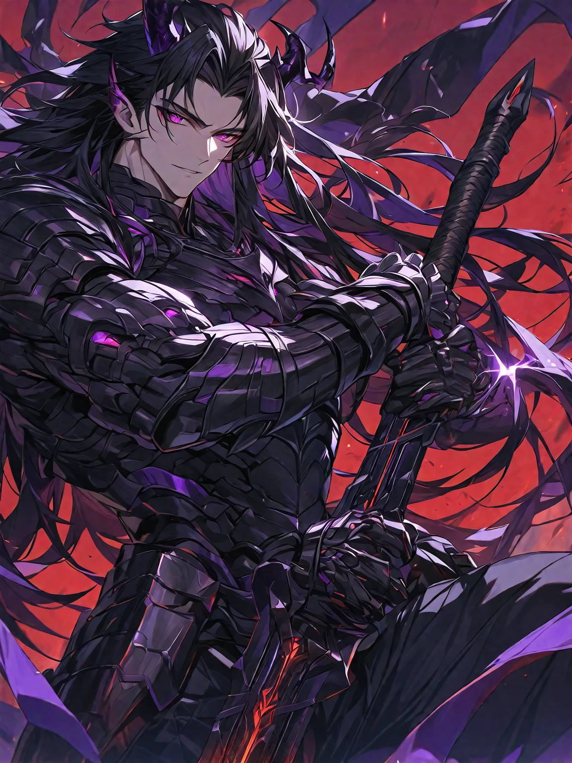 One, handsome, 1 man, with a sporty body, V-shaped body, black detailed armor with glowing purple details, black demonic horns, long hair, black hair, purple with red tones of reptile eyes, purple threads, a man has a big and long sword in his hand, Against the background of war